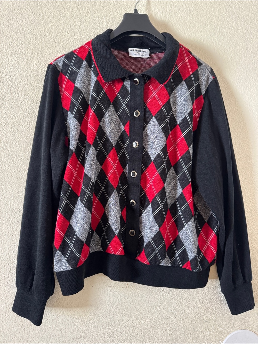 Alfred Dunner Black, Red & Gray Argyle Button-Front Cardigan